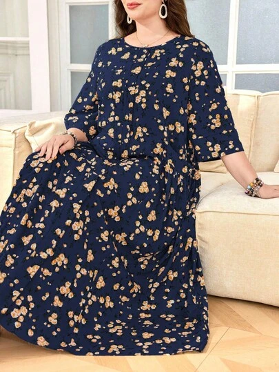 SHEIN Lacomfia 大码女式碎花圆领 3/4 袖宽松褶皱口袋休闲优雅长裙