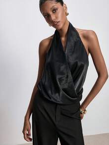 ATUI Studio Áo kiểu tối giản, thanh lịch, đơn giản dành cho nữ, chất liệu satin đen, cổ yếm, thích hợp cho tiệc Giáng sinh, Năm mới, áo đen, phong cách Giáng sinh, Năm mới, tiệc tùng, Lễ Tạ ơn, vẻ ngoài sang trọng, thanh lịch, thiết yếu. - màu đen - Xem 1