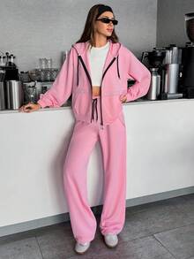 EURMUSE HAI MẢNH ÁO NỈ HOODIE MÀU XÁM NHẠT HAI CHỈ VÀ QUẦN NỈ CÓ CHI TIẾT ĐÁ LẤP LÁNH - Màu Hồng baby - Xem 5