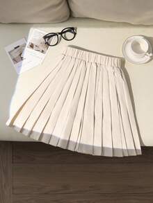 Tween Girl Horse Embroidery Pleated Skirt - Apricot - View 2