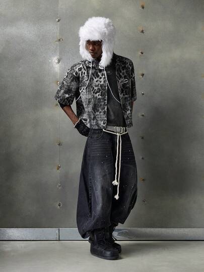 NEON BLANC Men's Casual Fashionable Street Leopard Plaid Patchwork Print Embroidery Short Sleeve Shirt, Summer