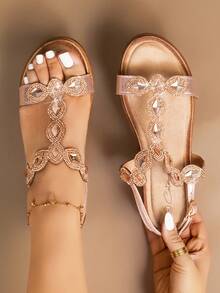 Sandalias planas para mujer, estilo bohemio, retro americano, bohemio, occidental, festival de música, fiesta, playa, vacaciones - Champán - Ver 1