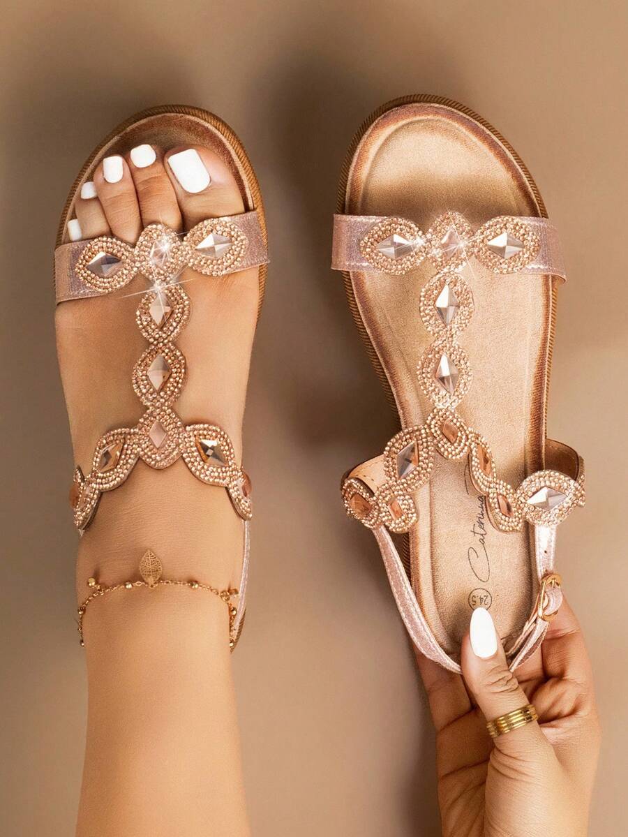 Sandalias planas para mujer, estilo bohemio, retro americano, bohemio, occidental, festival de música, fiesta, playa, vacaciones - Champán - Ver 1