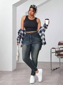 SHEIN EZwear 大码女式休闲高腰紧身牛仔裤，百搭日常通勤 - 藍色 - 查看 6