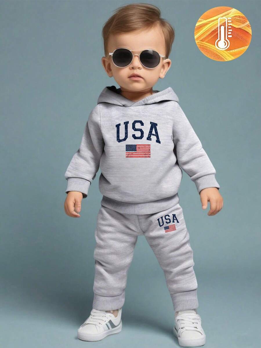 2 件套男婴时尚简约美国国旗和字母印花连帽卫衣和羊毛裤套装，适合秋冬季外出 - 灰色 - 查看 1