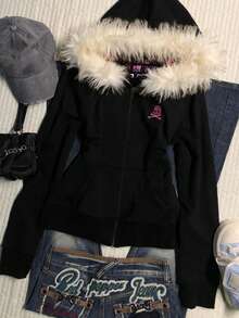 Glimmora Women's Slim Fit Hooded Sweatshirt Jacket With Faux Fur Collar, Digital Printing - Black - View 3