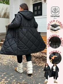 SHEIN EZwear 2025 Autumn/Winter New Casual Hooded Quilted Padded Mid-Length Cotton Jacket, Cinched Waist, Versatile For Outings, Daily, Party, Date, Holiday, Black, Plus Size - Black - View 2