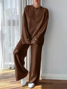 EURMUSE Plus Size Women Button Detail Sweater And Knit Pants Casual Set - Brown - View 4