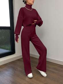 EURMUSE Set di maglione e pantaloni casual da donna a tinta unita con collo alto e maniche lunghe - Bordò - Visualizzare 4