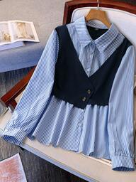 SHEIN LUNE Women Plus Size Long Sleeve Ruffle Collar Elegant Blouse, Solid & Stripe Splice 2 In 1 Shirt Fall Cloth For Women