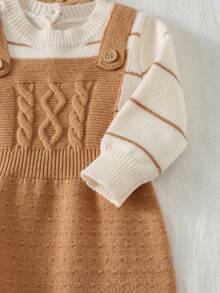 Loomiva 新生儿男女宝宝条纹圆领长袖连体衣，背带裤，两件套 - 卡其色 - 查看 9