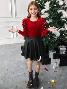 SHEIN 青少年女孩秋冬时尚优雅珍珠串珠泡泡袖纯色 T 恤和褶皱 PU 裙 2 件套，适合日常休闲穿着，圣诞节 - 紅色 - 查看 10