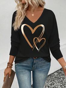 EMERY ROSE Camiseta casual holgada de manga larga con cuello en V y estampado de corazón para mujer - Negro - Ver 5