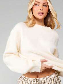 MISSGUIDED كنزة صوفية صوفية سميكة بياقة طاقم، أكمام طويلة، دافئة للشتاء، بتصميم واسع، قطعة علوية مصنوعة من الصوف للفصول الباردة - أبيض - مشاهدة 4