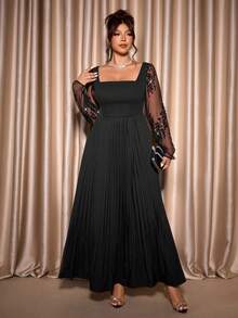 Cravure Plus Size Dam Elegant Paljett Plisserad Fyrkantig Halsringning Svart Festklänning - Svart - Visa 7