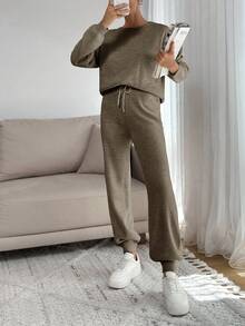 EURMUSE 女士柔软触感毛衣和毛衣裤两件套服装搭配酷 - 米色 - 查看 5