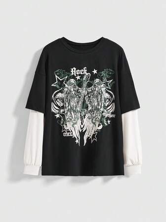 Grunge Punk Maglietta casual a girocollo a maniche lunghe da donna Plus Size, primavera-estate, con stampa di lettere e ali