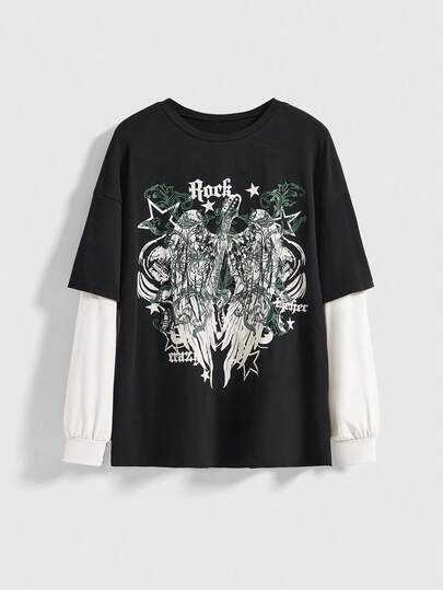 Grunge Punk تي شيرت كاجوال بأكمام طويلة للنساء ذوات الحجم الكبير طباعة حرف وجناح للربيع والصيف بياقة طاقم