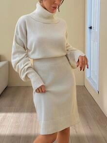 EURMUSE Vestido curto casual com gola alta e manga balão, cor sólida, estampa lisa, para outono e inverno, roupas femininas - Bege - Ver 5