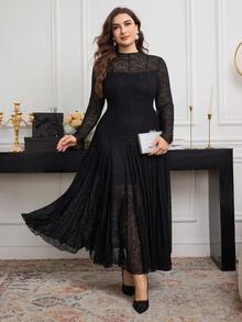 Modelyn Vestido elegante, minimalista y romántico de manga larga con encaje y ajustado para tallas grandes - Negro - Ver 4