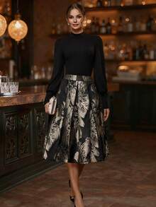 EMERY ROSE Bộ 2 món áo thun trơn màu thanh lịch đi làm và chân váy xếp ly jacquard cho nữ, Thu/Đông - màu đen - Xem 6