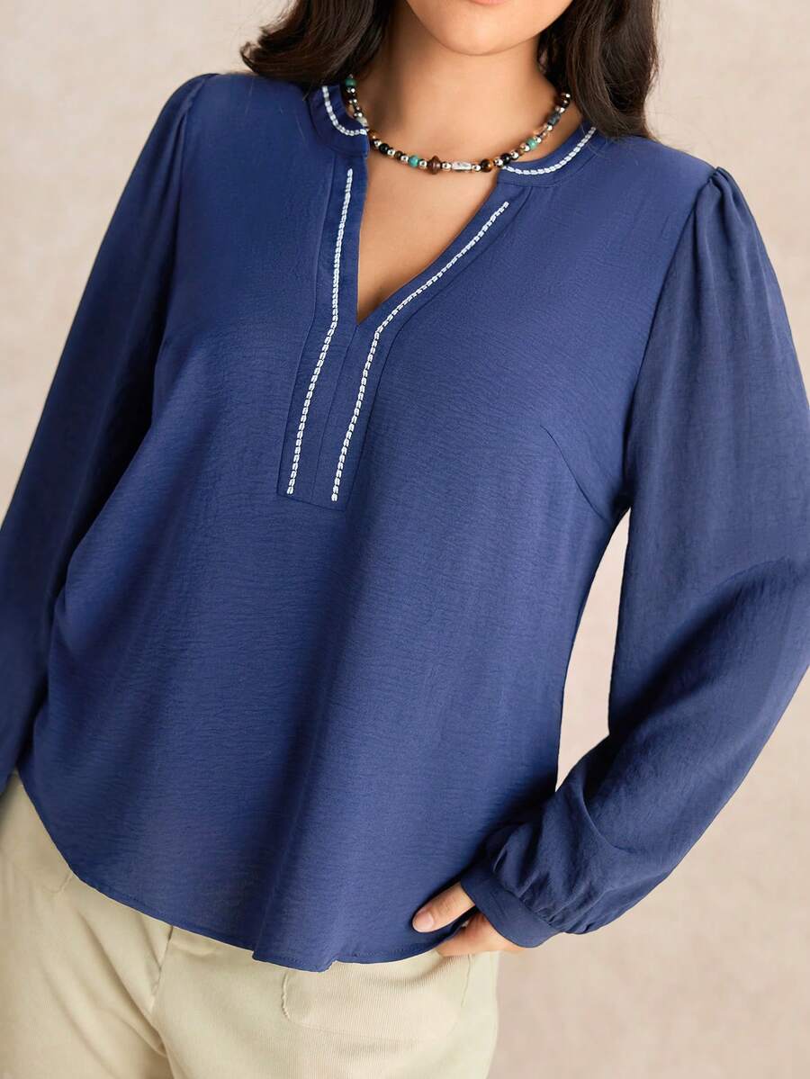 EMERY ROSE Plus Size Women Embroidered Wheat Ear Pattern V-Neck Solid Color Long Sleeve Loose Blouse Top, Suitable For Going Out, Vacation, Boho, Elegant Tops Shirt - Navy Blue - View 1