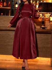 Auvina 大码女式优雅纯色立领灯笼袖露背长裙，后领蘑菇扣，后背蝴蝶结，缎面亮面面料，适合晚会、庆典、舞会 - 酒紅色 - 查看 3
