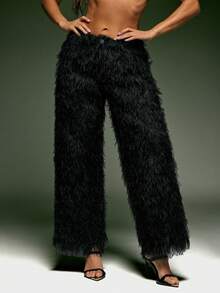 Denimoi 低腰长毛仿皮草裤时尚 GNO 夜店服装 - 黑色 - 查看 2
