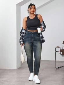SHEIN EZwear 大码女式休闲高腰紧身牛仔裤，百搭日常通勤 - 藍色 - 查看 5