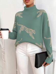 EMERY ROSE Women's Casual Everyday Leopard Pattern Turtleneck Sweater, Autumn/Winter - Mint Green - View 5