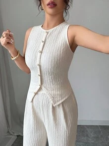 Elenzga 女士时尚纯色纹理两件套，包含无袖圆领纽扣修身背心和高腰宽松直筒裤，优雅通勤风格