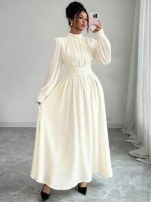 Elenzga Damen Lässig, Pendler, Urlaub, Nachmittagstee, Party einfarbiges braunes Chiffon Stehkragen, locker geschnittenes Kleid mit Kreuzband in Taille, A-Linie, Schleife, Futter, Langarm Maxikleid, Frühling/Herbst/Winter