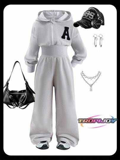 SHEIN 年轻女孩休闲日常运动连帽全拉链长袖连体裤，灰色，舒适腰部抽绳简约休闲连体裤，秋季