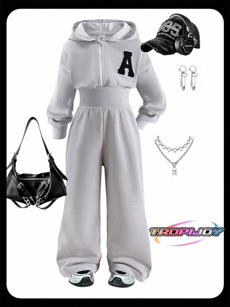 SHEIN Young Girl Casual Everyday Sporty Hooded Full Zip Long Sleeve Jumpsuit, Gray, Comfortable Waist Drawstring Simple Leisure Jumpsuit, Autumn Summer Holiday - Grey - View 1