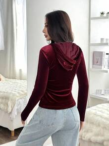 SHEIN EZwear 秋冬女装酒红色前拉链长袖简约休闲天鹅绒修身连帽外套 - 酒紅色 - 查看 2