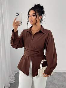 SHEIN Elenzya Plus Size Cinched Waist Bow Back Elegant Warm Color Blouse For Commuting, Autumn/Winter - Coffee Brown - View 5