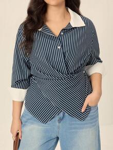 Juhart 大码女式优雅通勤蓝色条纹拼布白领单排扣长袖修身衬衫，春/秋 - 彩色 - 查看 6