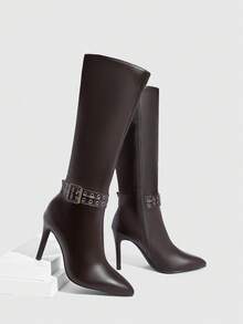 CUCCOO SZL High-Quality Autumn/Winter Buckle Fashionable Personalized Brown Knee-High Boots, Pointed Toe Chunky Heel Elegant Women's Boots, Versatile New Style Long Boots Showcasing Feminine Charm And Elegant - Brown - View 4