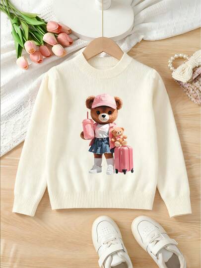 1pc Girls' Casual Cute Pink Bear Graphic Print Loose Fit Comfortable Pullover Sweater, Suitable For Autumn/Winter