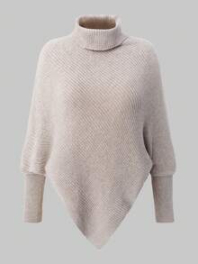 EMERY ROSE 大码纯色不对称下摆高领长袖套头衫 - 卡其色 - 查看 1