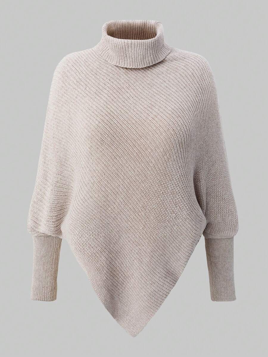 EMERY ROSE 大码纯色不对称下摆高领长袖套头衫 - 卡其色 - 查看 1