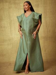 Vixey 纯色塔夫绸泡泡袖长袍连衣裙 - 橄欖綠 - 查看 4