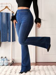 SHEIN Tall Jeans elegantes de cintura alta, ajustados y acampanados versátiles para mujeres altas - Azul lavado oscuro - Ver 5