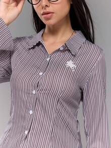 青少年女孩休闲日常办公室通勤马匹和条纹印花长袖修身衬衫，春秋季 - 彩色 - 查看 3