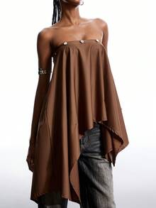 LYSMO Women's Chocolate Brown Autumn Chic Night Out Solid Color Asymmetric Loose Long Sleeve T-Shirt,Three Wearing Methods Neckline Retro Style Casual Top - Coffee Brown - View 3