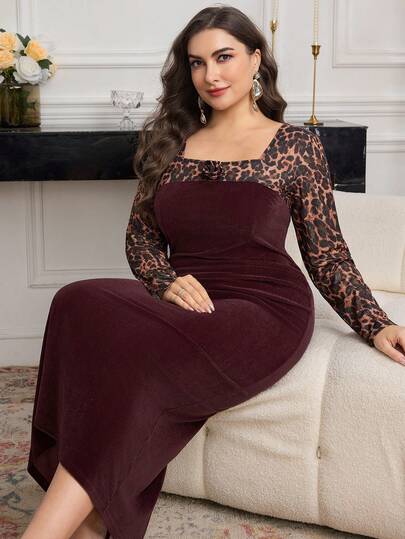 Modelyn 优雅天鹅绒拼接豹纹花卉装饰修身复古中长连衣裙，大码，秋冬