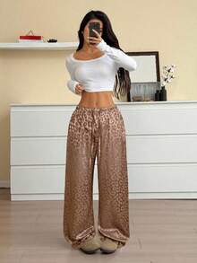 SHEIN EZwear 女式休闲卡其色豹纹抽绳腰宽松阔腿裤 - 卡其色 - 查看 4