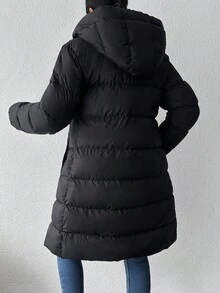 EURMUSE Slant Pockets Hooded Puffer Coat - Black - View 2