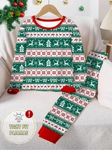 Tween Girls Christmas Pajama Set,Cute Pixel Heart & Deer Allover Print Snug Fit Long Sleeve Top And Pants,Matching Family Red And White Gingham Autumn - Green - View 3