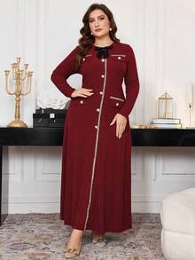 Modelyn Plus Size Ribbed Bowknot Decor A-Line Long Sleeve Casual Dress Suitable For Spring And Autumn Maxi Women Outfit Long Evening Dresses - Burgundy - View 5